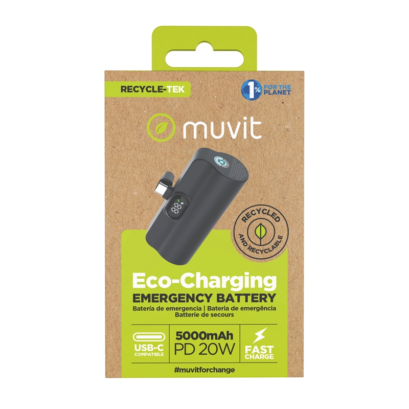 muvit for change power bank 5000 mAh con conector tipo C PD 20W intregrado negra