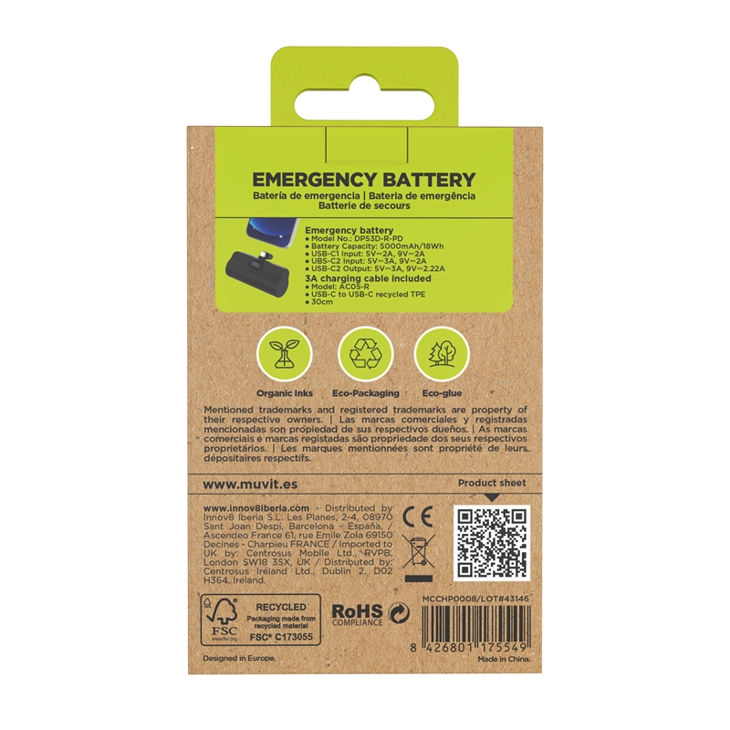muvit for change power bank 5000 mAh con conector tipo C PD 20W intregrado negra
