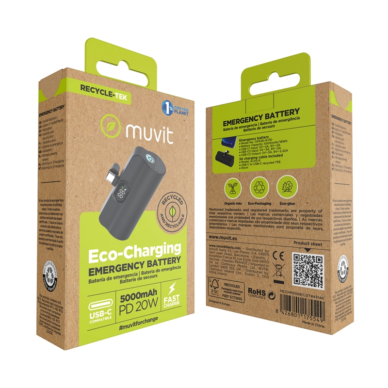muvit for change power bank 5000 mAh con conector tipo C PD 20W intregrado negra