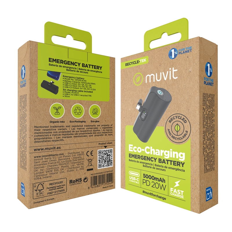 muvit for change power bank 5000 mAh con conector tipo C PD 20W intregrado negra