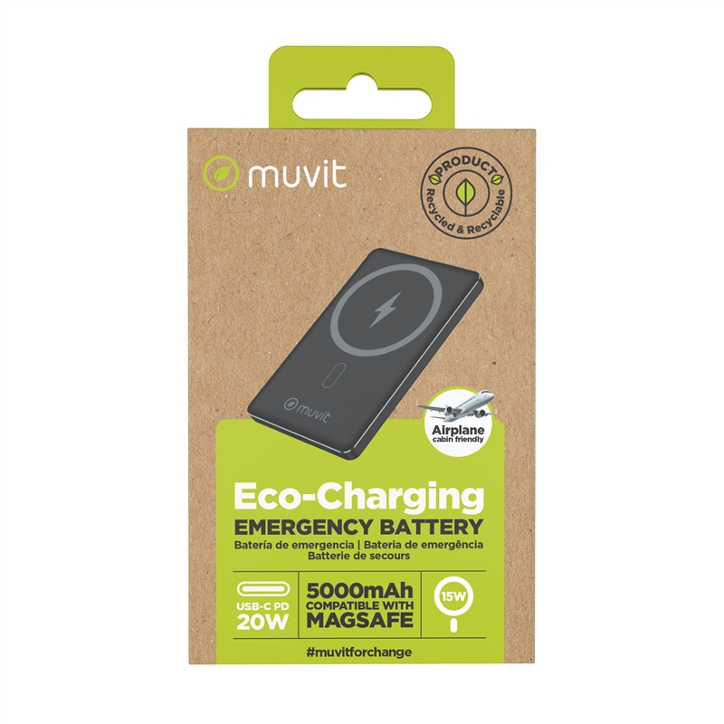 muvit for change power bank Aluminio 5000mAh Magsafe 15W + conector Tipo C PD20W negro