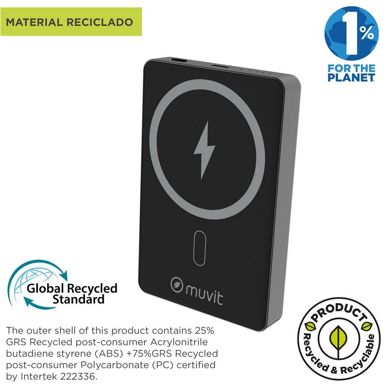muvit for change power bank Aluminio 10000mAh Magsafe 15W + conector Tipo C PD20W negro