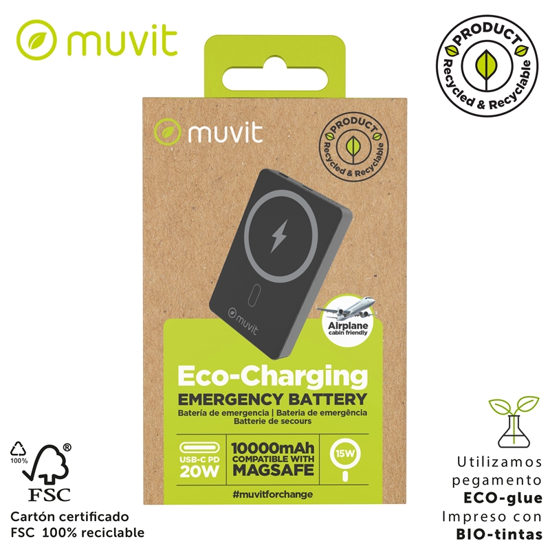 muvit for change power bank Aluminio 10000mAh Magsafe 15W + conector Tipo C PD20W negro