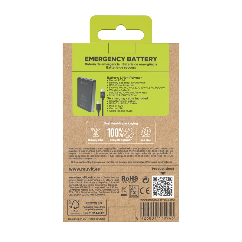 muvit for change power bank Aluminio 10000mAh Magsafe 15W + conector Tipo C PD20W negro