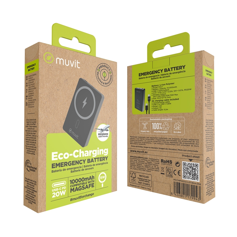 muvit for change power bank Aluminio 10000mAh Magsafe 15W + conector Tipo C PD20W negro