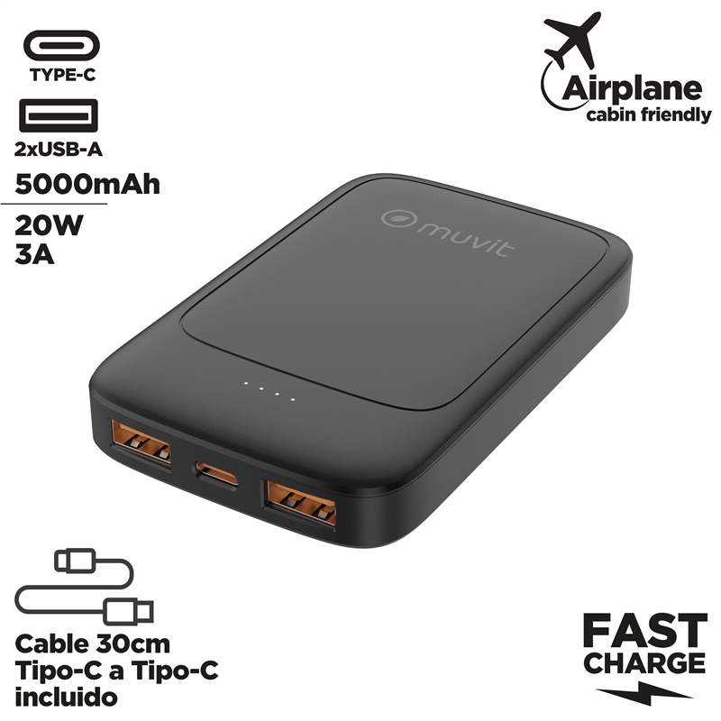 muvit for change power bank 5000mAh 2 USB + Tipo C PD20W negro