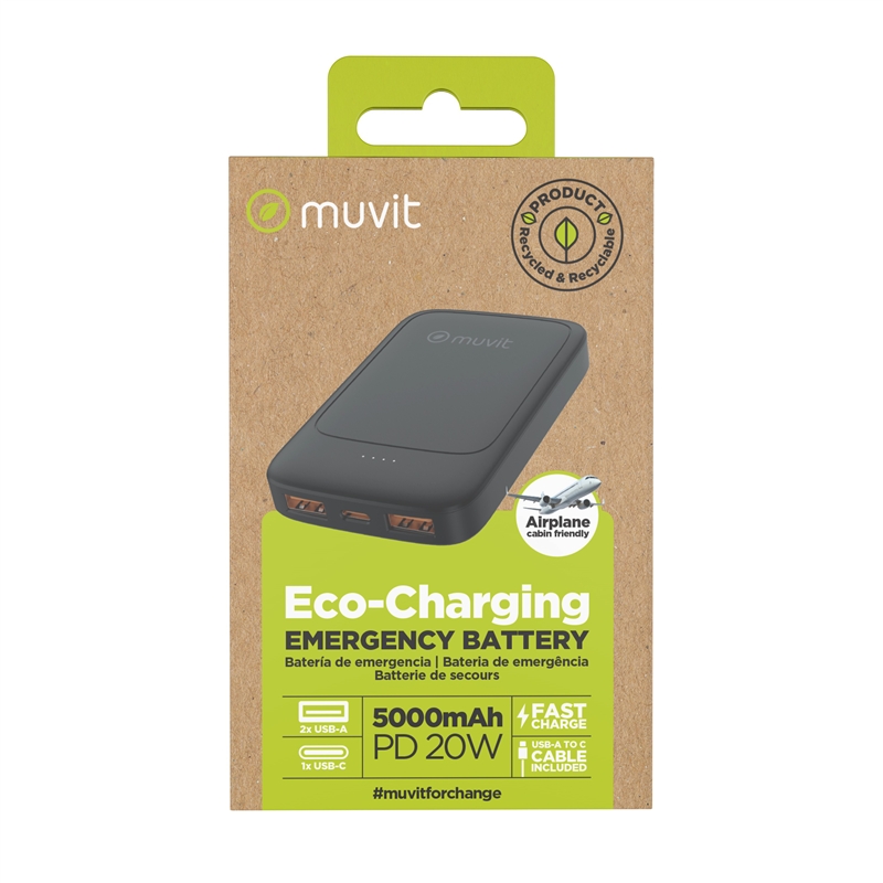 muvit for change power bank 5000mAh 2 USB + Tipo C PD20W negro