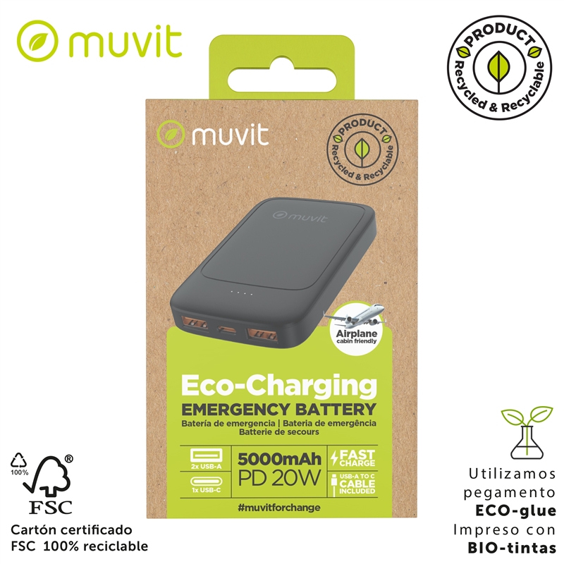 muvit for change power bank 5000mAh 2 USB + Tipo C PD20W negro