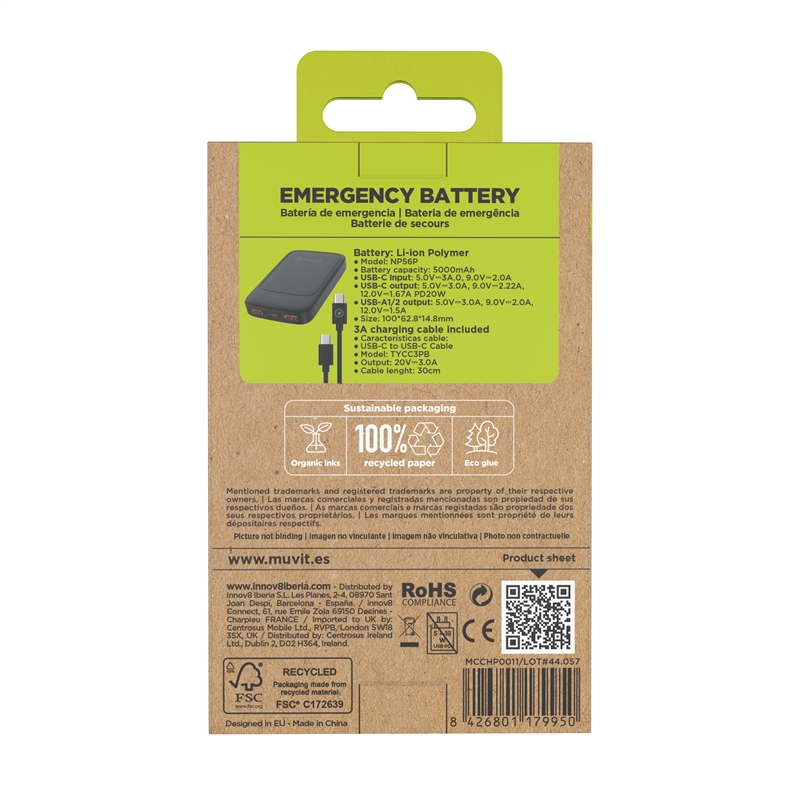 muvit for change power bank 5000mAh 2 USB + Tipo C PD20W negro