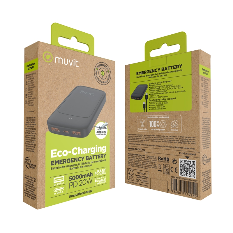 muvit for change power bank 5000mAh 2 USB + Tipo C PD20W negro