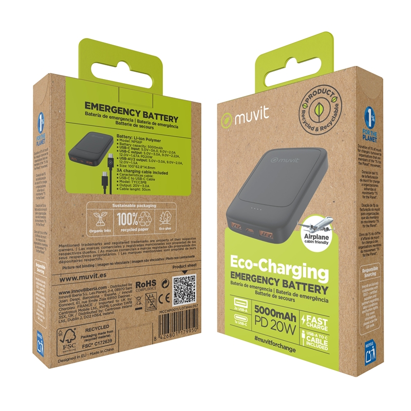 muvit for change power bank 5000mAh 2 USB + Tipo C PD20W negro