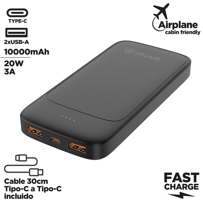 muvit for change power bank 10000mAh 2 USB + Tipo C PD20W negro