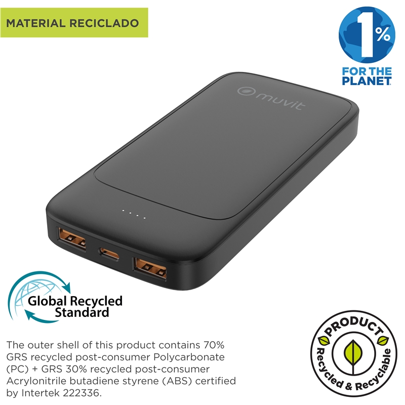 muvit for change power bank 10000mAh 2 USB + Tipo C PD20W negro