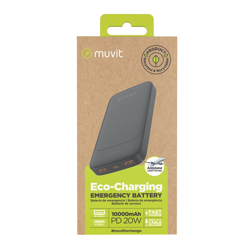 muvit for change power bank 10000mAh 2 USB + Tipo C PD20W negro