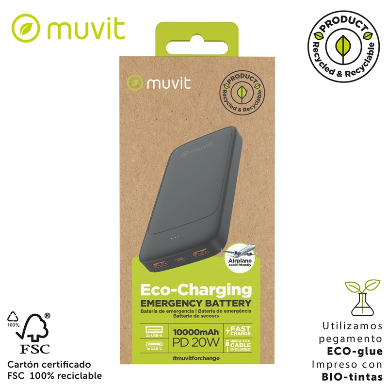 muvit for change power bank 10000mAh 2 USB + Tipo C PD20W negro