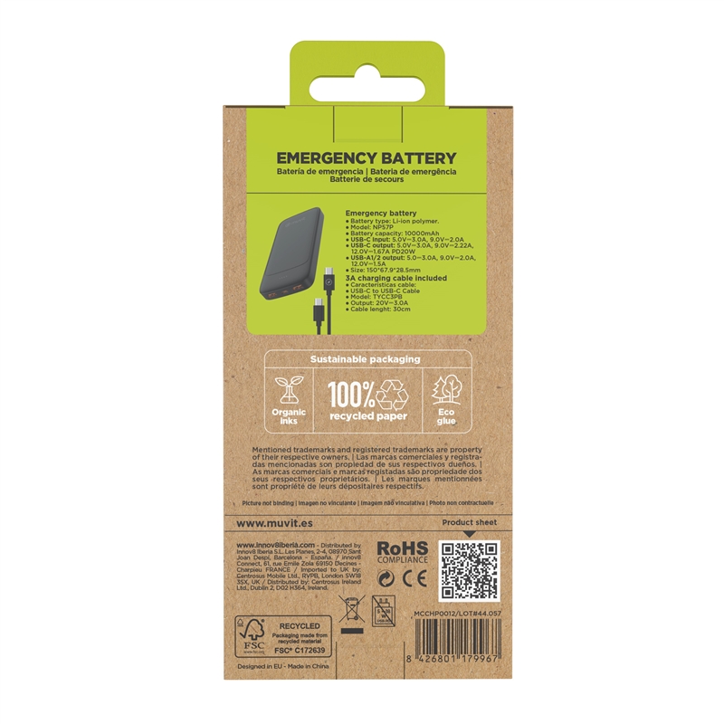 muvit for change power bank 10000mAh 2 USB + Tipo C PD20W negro