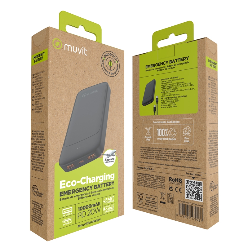 muvit for change power bank 10000mAh 2 USB + Tipo C PD20W negro
