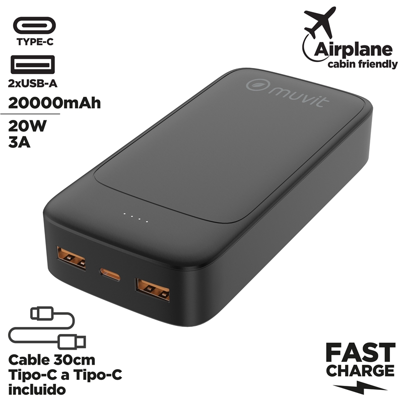 muvit for change power bank 20000mAh 2 USB + Tipo C PD20W negro