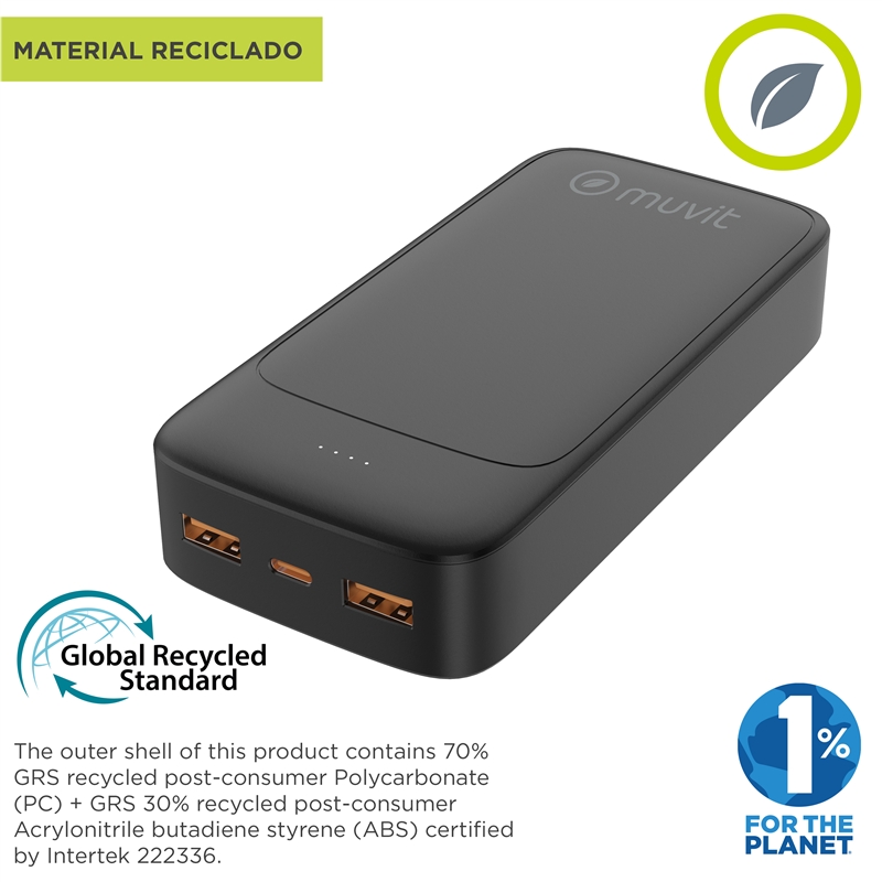 muvit for change power bank 20000mAh 2 USB + Tipo C PD20W negro