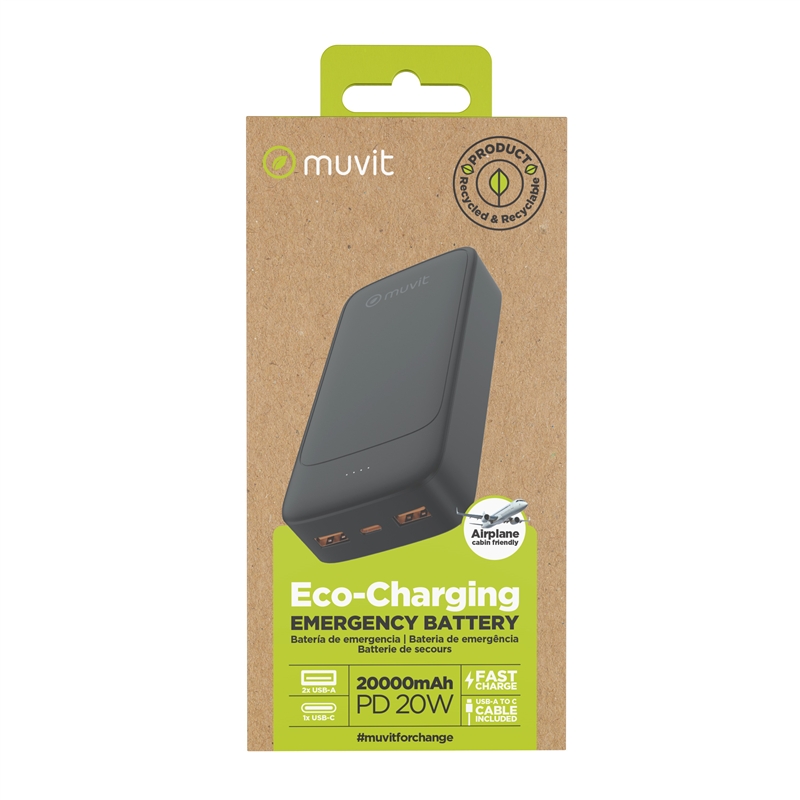 muvit for change power bank 20000mAh 2 USB + Tipo C PD20W negro