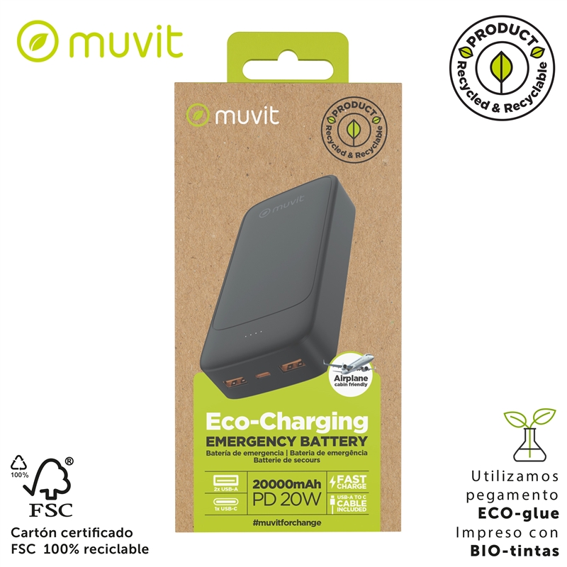 muvit for change power bank 20000mAh 2 USB + Tipo C PD20W negro