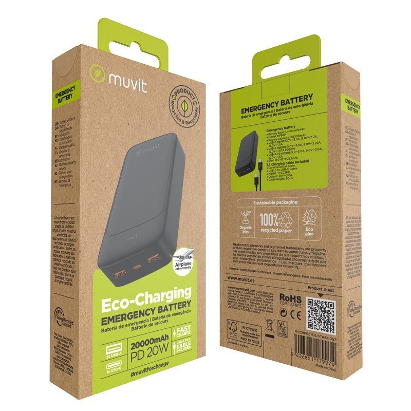 muvit for change power bank 20000mAh 2 USB + Tipo C PD20W negro