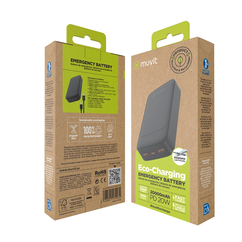 muvit for change power bank 20000mAh 2 USB + Tipo C PD20W negro