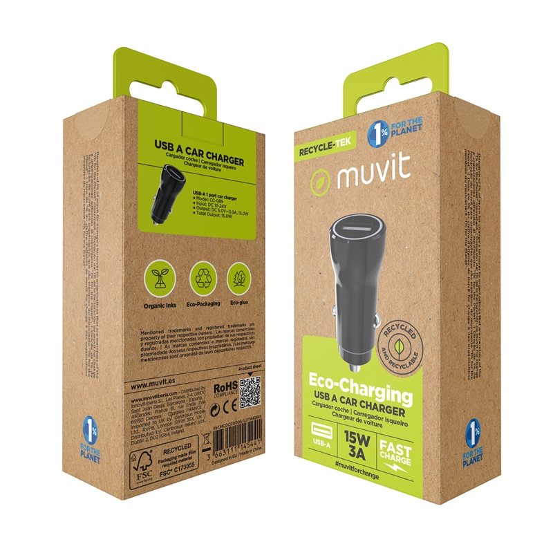 muvit for change cargador coche USB 2.4A 12W negro