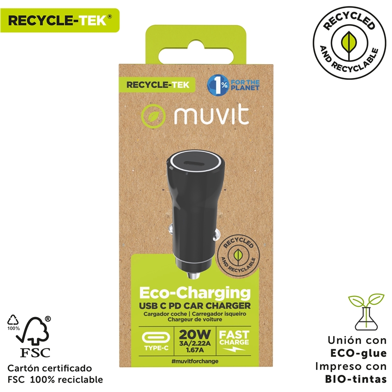 muvit for change cargador coche Tipo C PD 20W negro