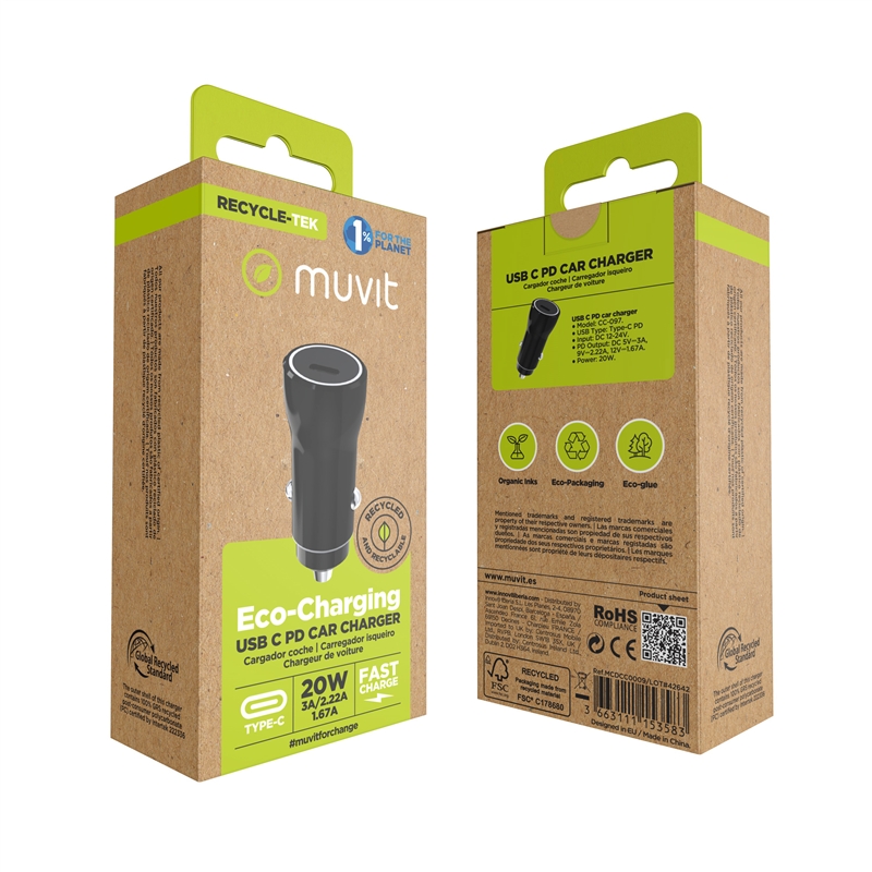 muvit for change cargador coche Tipo C PD 20W negro