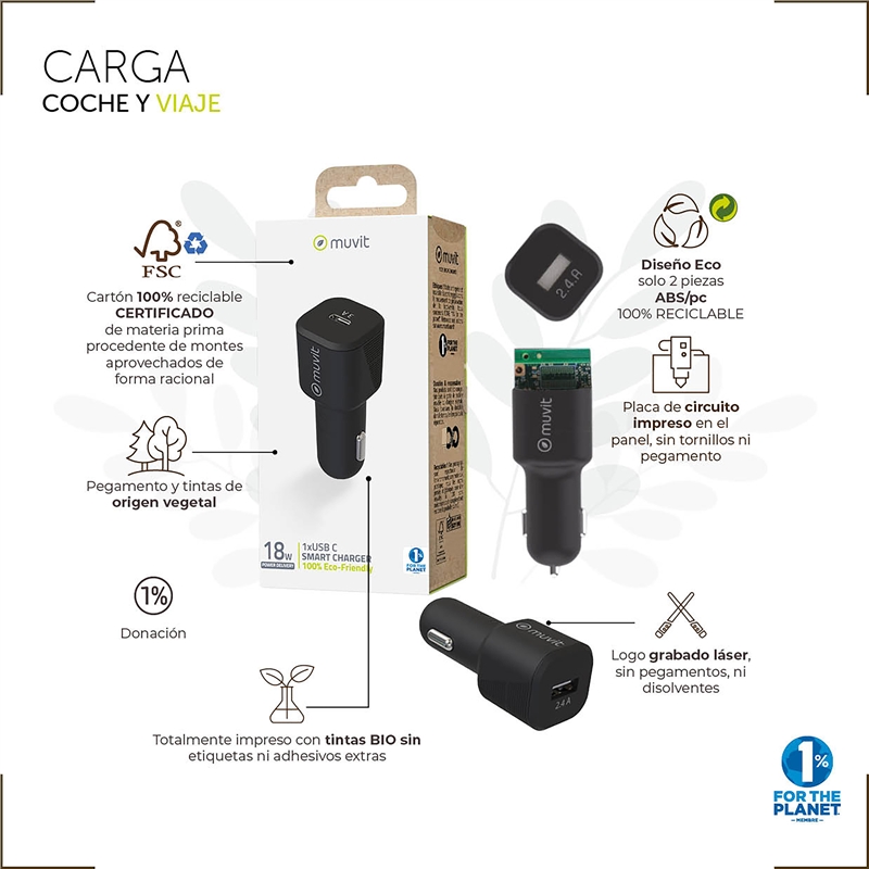 muvit for change cargador coche Tipo C PD 30W negro