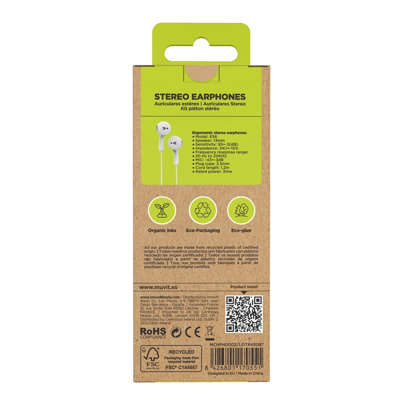 muvit for change auriculares estéreo E56 3.5mm blancos