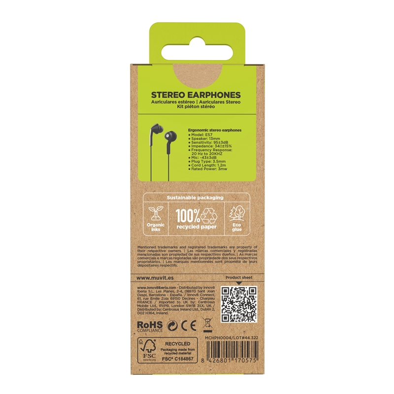 muvit for change auriculares estéreo E57 3.5mm negro