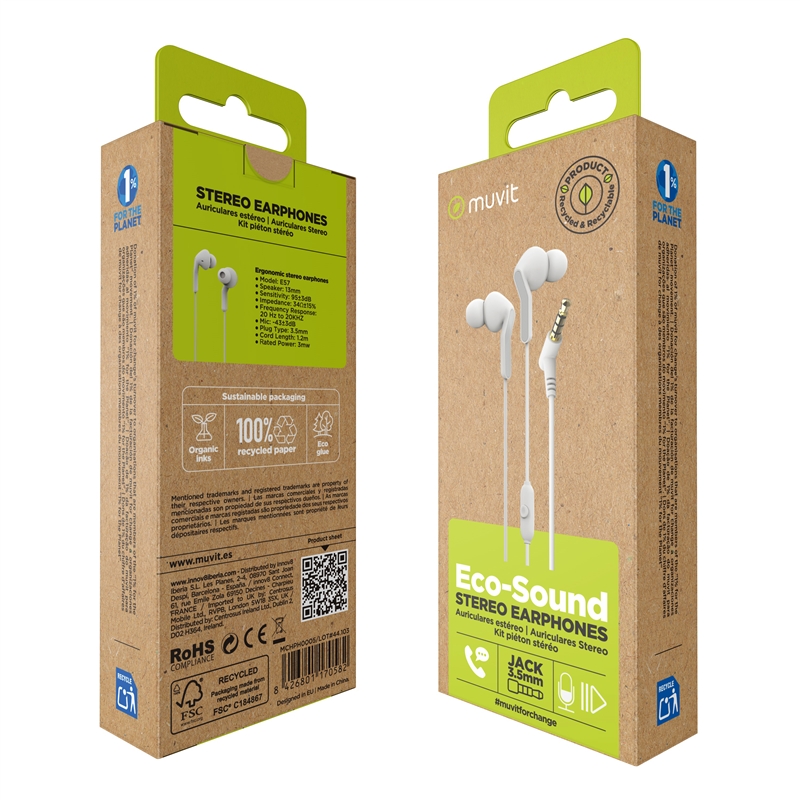 muvit for change auriculares estéreo E57 3.5mm blancos