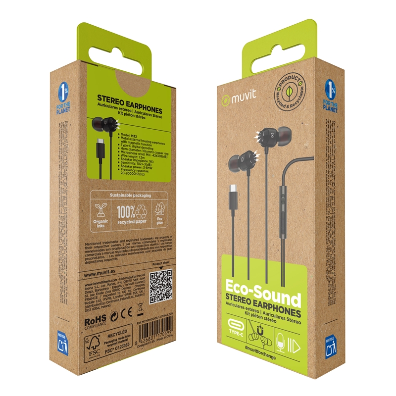 muvit for change auriculares estéreo M32 Tipo C magnéticos negros