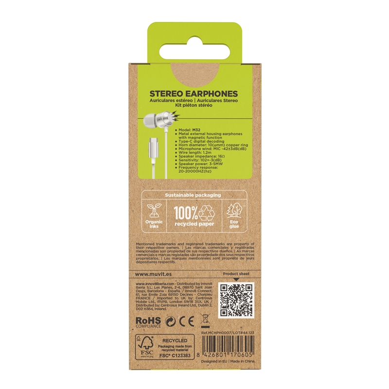 muvit for change auriculares estéreo M32 Tipo C magnéticos blancos