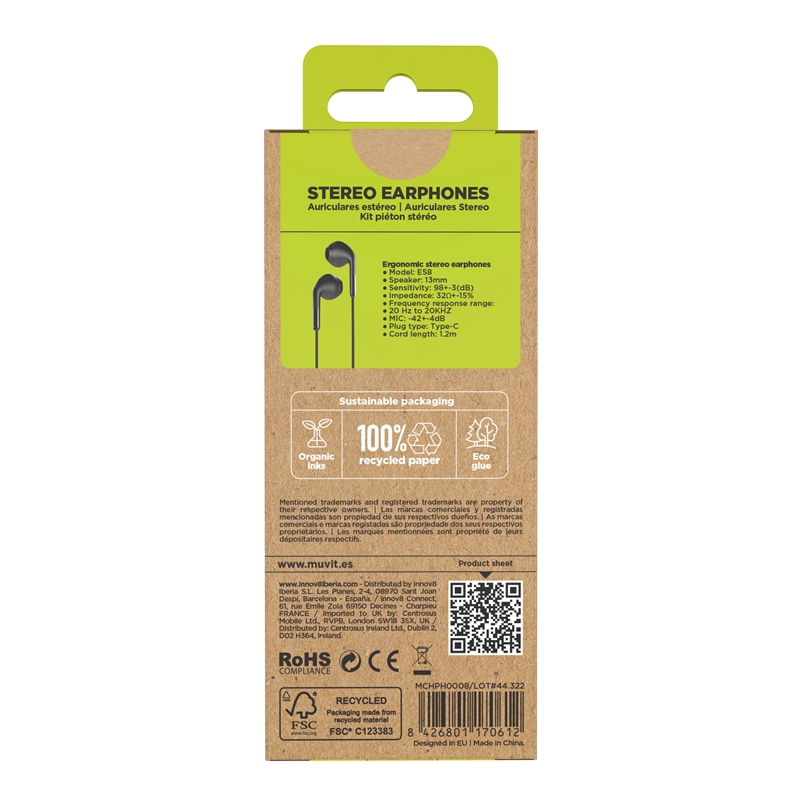 muvit for change auriculares estéreo E58 Tipo C negros