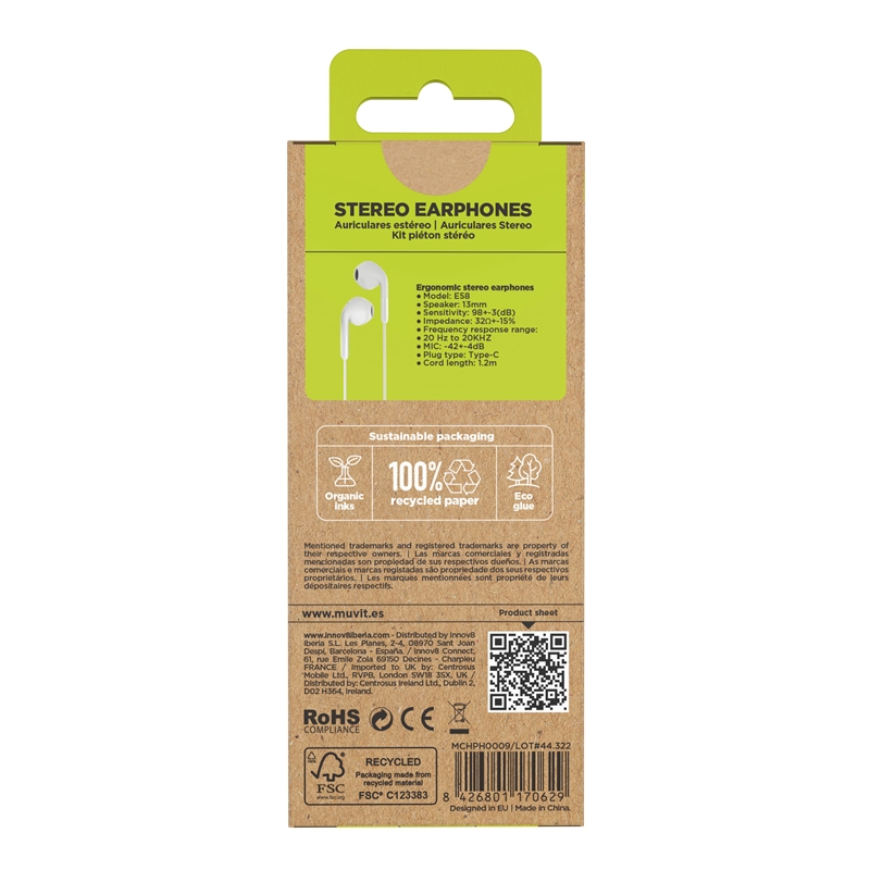 muvit for change auriculares estéreo E58 Tipo C blancos