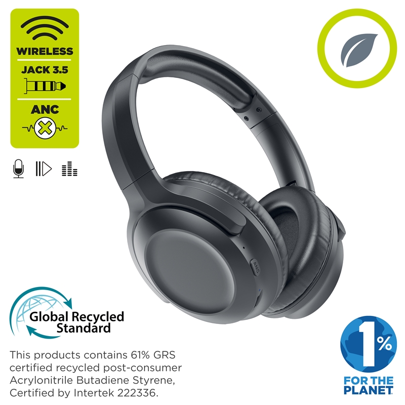 muvit for change cascos estéreo ANC Plegables con cancelación de ruido activa, adaptadores y funda de viaje negro