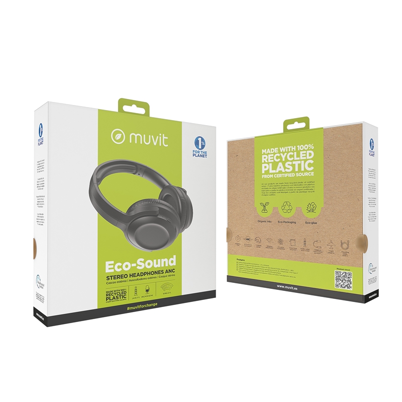 muvit for change cascos estéreo ANC Plegables con cancelación de ruido activa, adaptadores y funda de viaje negro