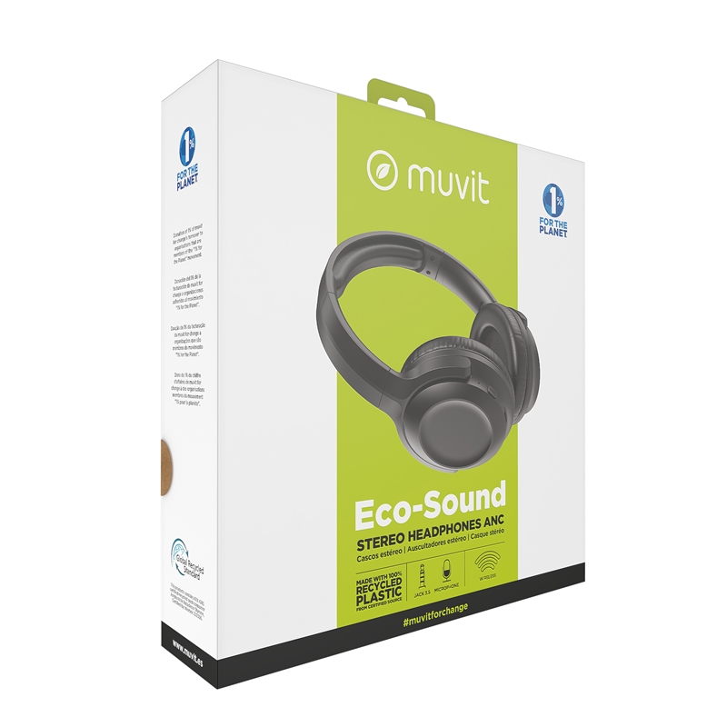 muvit for change cascos estéreo ANC Plegables con cancelación de ruido activa, adaptadores y funda de viaje negro