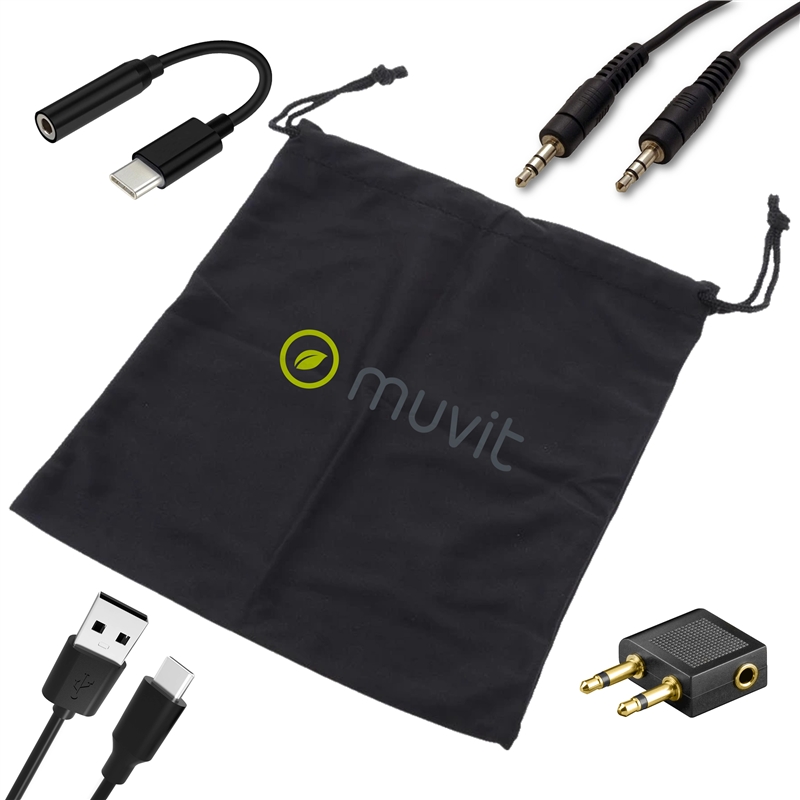 muvit for change cascos estéreo ANC Plegables con cancelación de ruido activa, adaptadores y funda de viaje negro