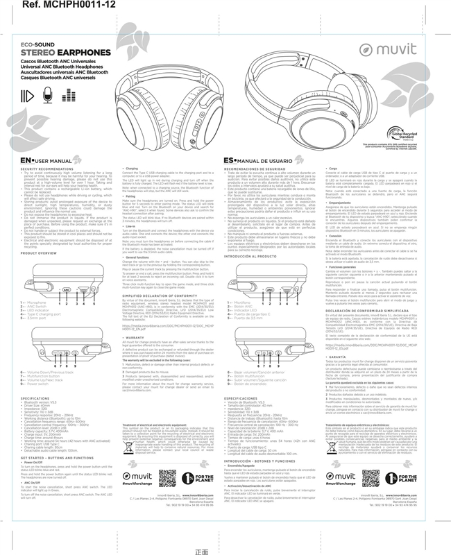 muvit for change cascos estéreo ANC Plegables con cancelación de ruido activa, adaptadores y funda de viaje negro