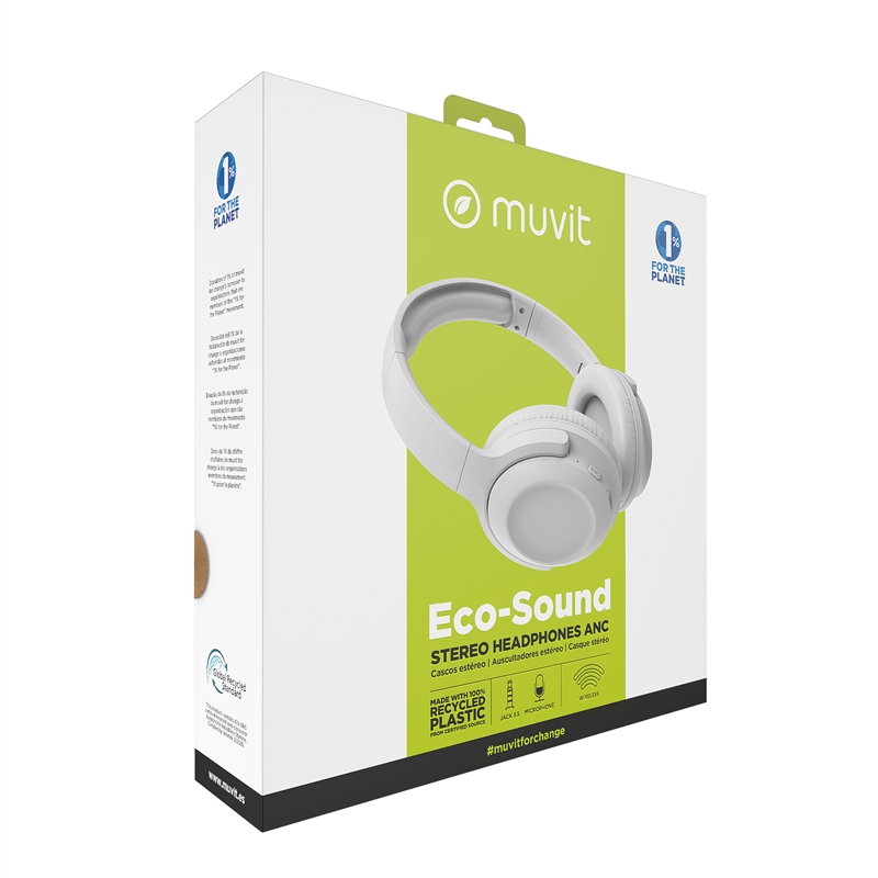 muvit for change cascos estéreo ANC Plegables con cancelación de ruido activa, adaptadores y funda de viaje blanco