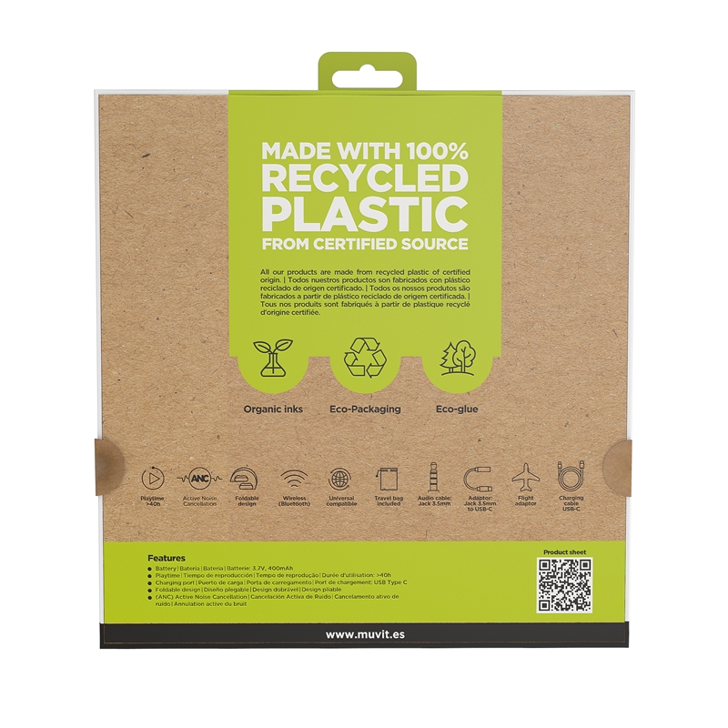 muvit for change cascos estéreo ANC Plegables con cancelación de ruido activa, adaptadores y funda de viaje blanco