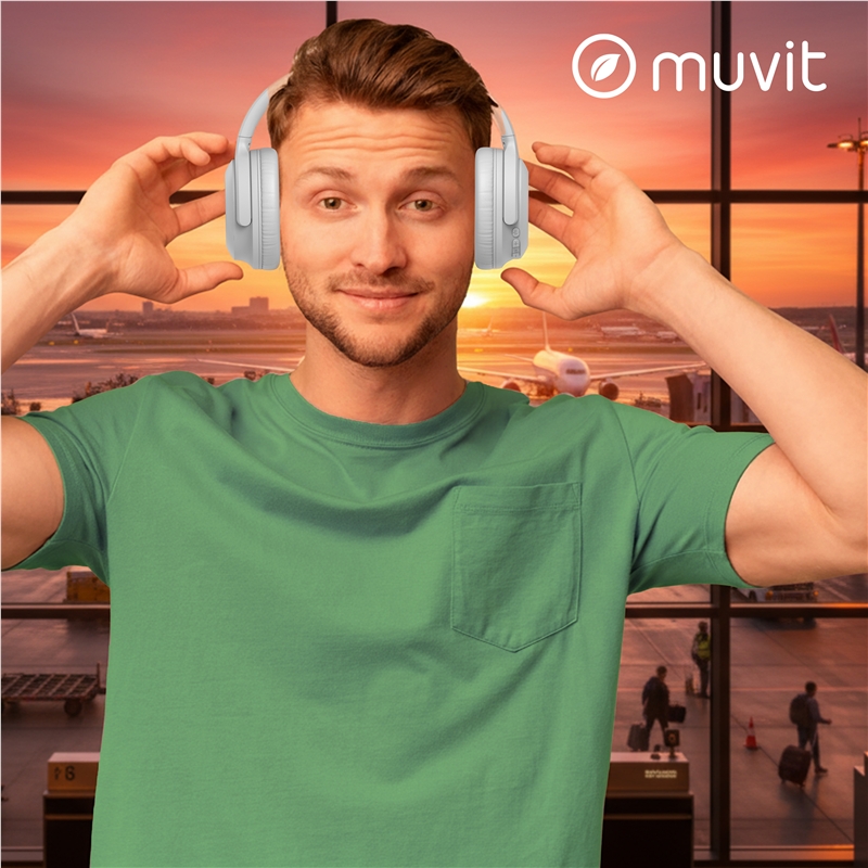 muvit for change cascos estéreo ANC Plegables con cancelación de ruido activa, adaptadores y funda de viaje blanco