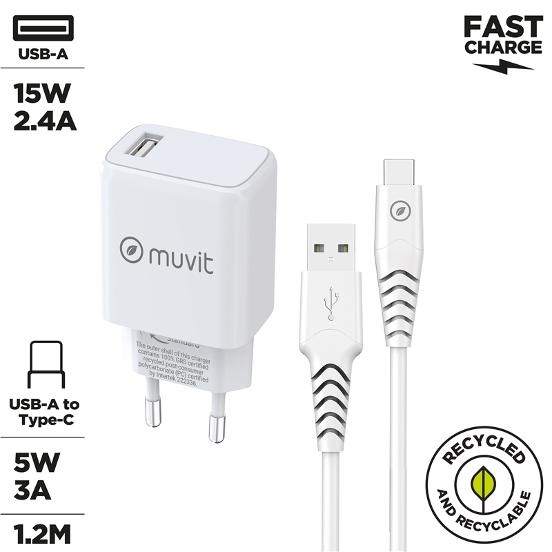 muvit for change pack cargador de pared USB 2.4A 15W + Cable Tipo C 3A 1,2m blanco