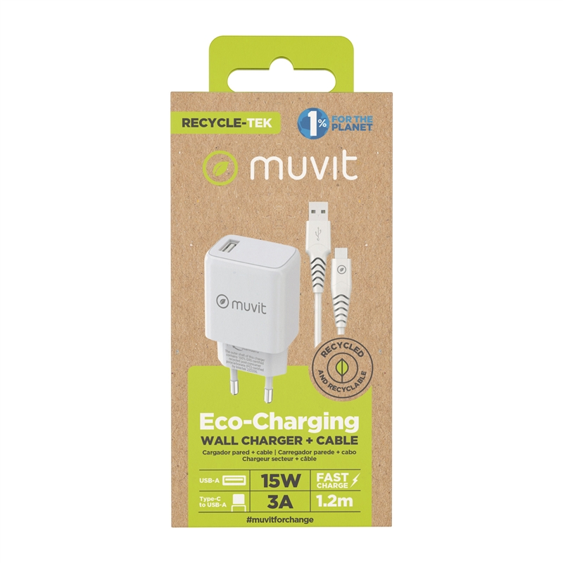 muvit for change pack cargador de pared USB 2.4A 15W + Cable Tipo C 3A 1,2m blanco