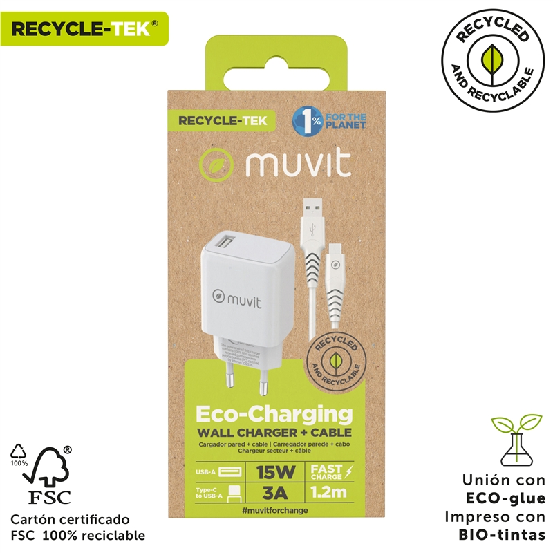 muvit for change pack cargador de pared USB 2.4A 15W + Cable Tipo C 3A 1,2m blanco
