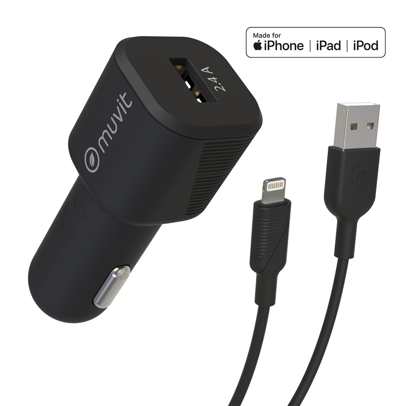 muvit for change pack cargador coche USB 2.4A 12W + cable Lightning MFI 2.4A 1,2m negro